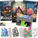3Pcs Adult Coloring Book for Women Relaxation, 36 Colors Markers with Spiral Bound Adult Coloring Book for Women, 36 Dual Tip Colors Markers, Anxiety Relief Mindfulness Gifts(Cottage & Garden & House)
