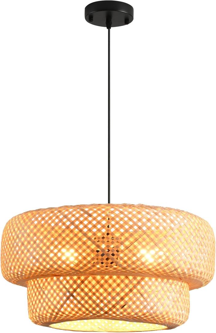 1-Pack Bamboo Pendant Light, Bohemian 18.12inch 3- Light Hand Woven Wicker Chandelier for Dining Room Living Room Bedroom Kitchen Farmhouse