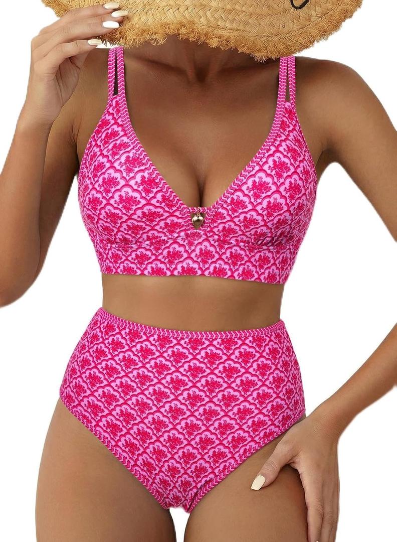 Herseas Women's 2 Piece Floral Print Bikini Sets V Neck Stitch Swimsuits High Waisted Bathing Suit Beach Summer Swimwear (Rose,XS)