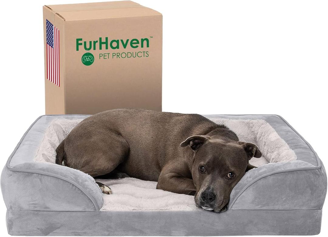 FurHaven Soft, Orthopedic Foam Perfect Comfort Dog Bed with Washable & Removable Cover -Velvet Waves - Granite Gray, Dogs Up to 55 lbs - Large (36.0"L x 27.0"W x 8.0"Th)
