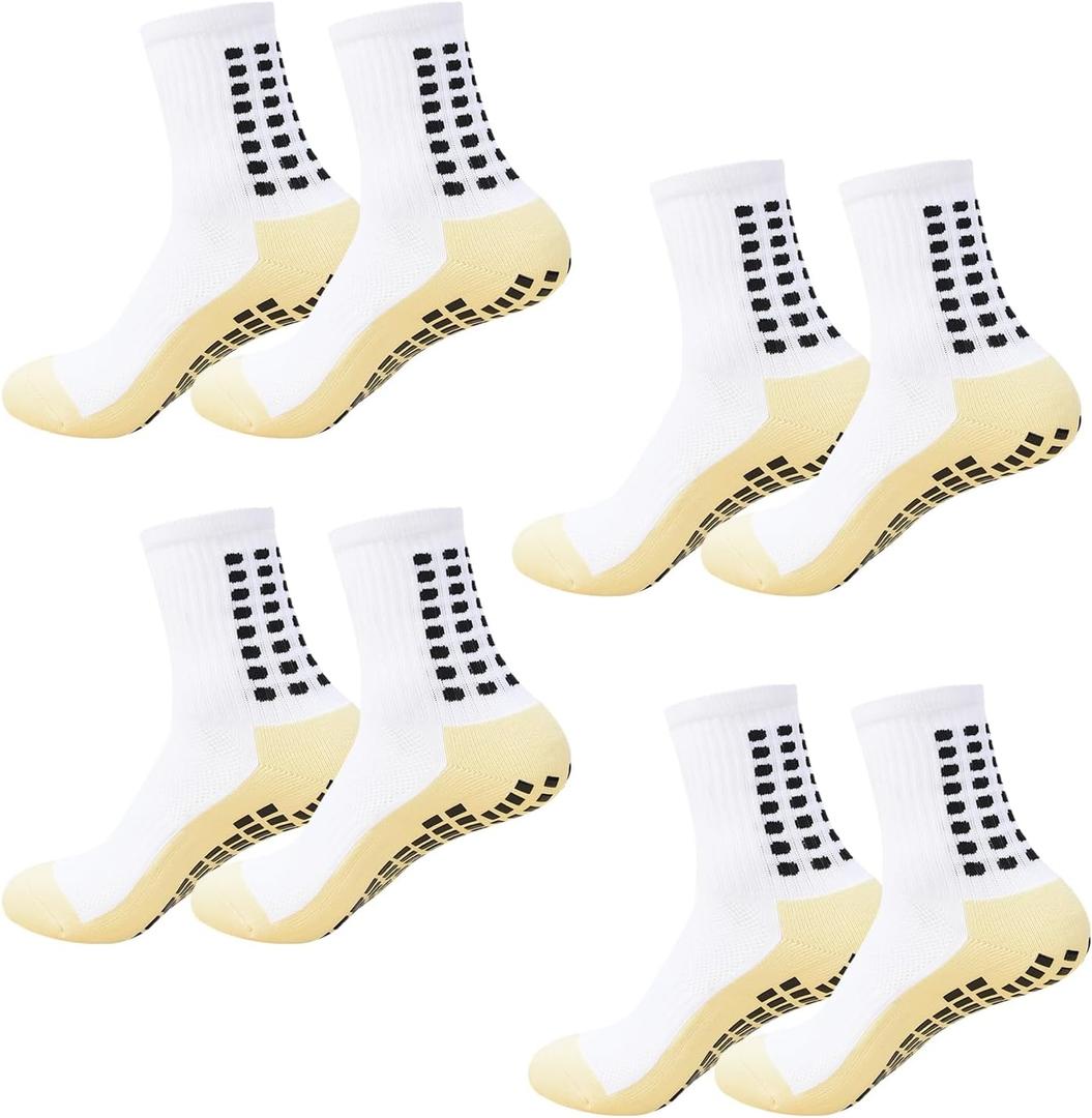 Grip Socks Soccer Men's Non Slip Soccer Socks for Kids Pilates Socks Men Women 4Pairs (White) 