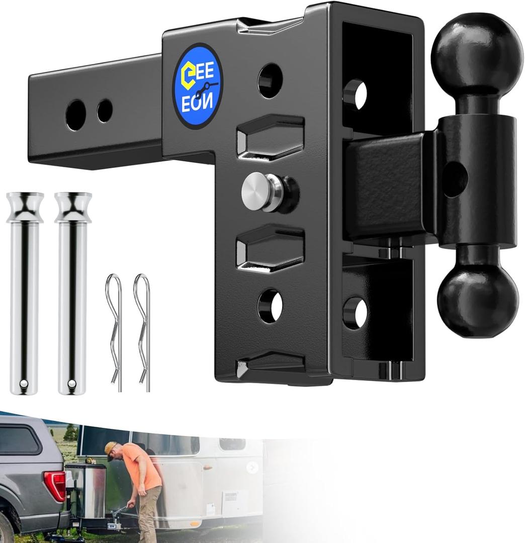 Trailer Hitch Fit 2.5 Inch Receiver, Adjustable Tow Hitch 6" Drop & Rise, Heavy Duty Drop Hitch for Trucks RV Camper (18,000 LBS GTW) with 2"& 2-5/16" Dual Ball Mount, Includes Hitch Pins & Clips