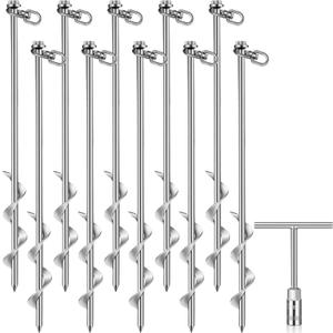 Hiboom Ground Anchor Screw Heavy Duty Earth Anchors Tent Stakes for High Wind with T Handle Hex Wrench Trampoline Hook Ground Stakes for Camping Canopies Car Ports Sheds (24 Inch, Silver)