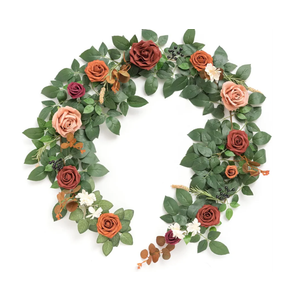 Ling's moment 5FT Terracotta Artificial Flower Garland Rose Eucalyptus Leaves Fall Floral Garland Burnt Orange Arch Flowers Vine for Wedding Party Backdrop Decor Mantel Table Centerpieces Decorations