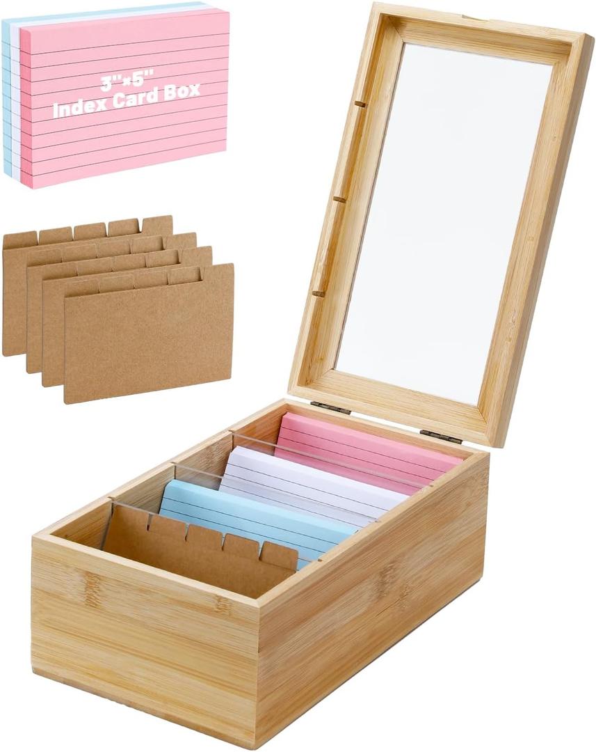 UCEC Index Card Organizer with Dividers Index Card Organizer 3x5 Bamboo Index Card Holder with Dividers Index Card Holder Box 4 Compartments with Acrylic Lid Wood Index Card Organizer Set & 150 Cards