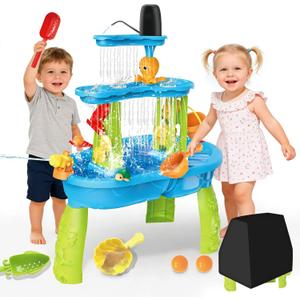 JONEG 3-Tier Water Table for Toddlers with Pump, Table Cover - Sand Activity Sensory Playset, Outdoor Outside Pool Backyard Summer Toys, Gifts for Age 1 2 3 4 5 8 Year Old Kids Boys Girls