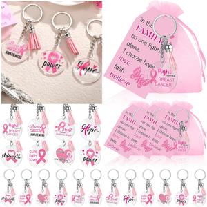 Remuuly 32 Set Breast Cancer Awareness Keychains Pink Ribbon Gifts Breast Cancer Accessories Survivor Party Favors for Women Pink Ribbon Keychains with Hope Cards and Organza Bags