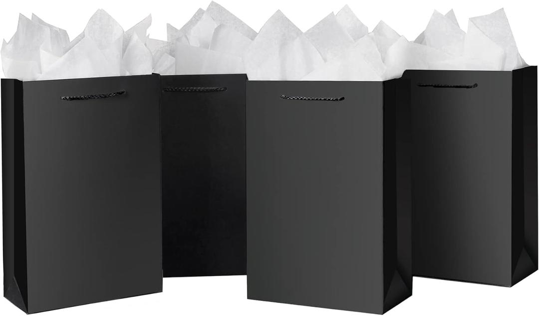 SHIPKEY 10 Pcs Luxury Black Bags with Tissue Paper, Gift Bags for Men, Groomsmen Proposal Bag 8x4x11 Kraft Paper Bag with Handles Bulk| Shopping Wrappings for Men, Groomsman