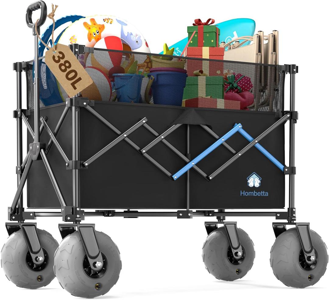Beach Wagon with Big Wheels for Sand, 450LBS Heavy Duty Foldable Wagon Cart | 9" All-Terrain Inflatable Tires, Adjustable 200L380L Capacity, Ideal for Groceries, Camping & Sports