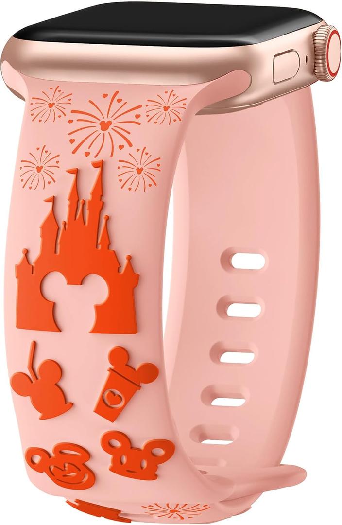 Cartoon 3D Embossed Band Compatible with Apple Watch Bands 40mm 38mm 44mm 45mm 41mm 42mm 49mm Women, Two-Tone Soft Silicone Sport Strap for iWatch Series 10 9 8 7 6 5 4 3 2 1 Ultra (Orange & Pink Sand)