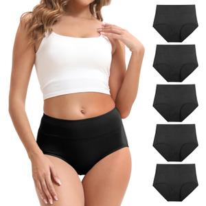 Women's Cotton Underwear High Waisted Briefs Stretch Full Coverage Panties (Black, L)