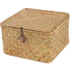 Moosky Wicker Shelf Baskets with Lid, Handwoven Seagrass Storage Basket Bins Square Gift Boxes for Shelves Home Decor Organizer (Natural, Small)