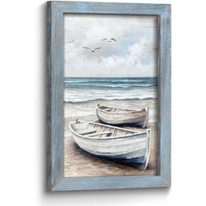 Seascape Beach Decor Wall Art: Ocean Coastal Boat Sea Bird Rustic Wooden Framed Painting Print Seagull Scene Artwork Seaside Relaxing Picture Decor for Bedroom Bathroom Living Room 24x16 Inch