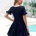 Summer Dresses for Women 2026 Loose V Neck Ruffle Sleeve Tiered Flowy Casual A Line Mini Beach Dress with Pockets (XL)