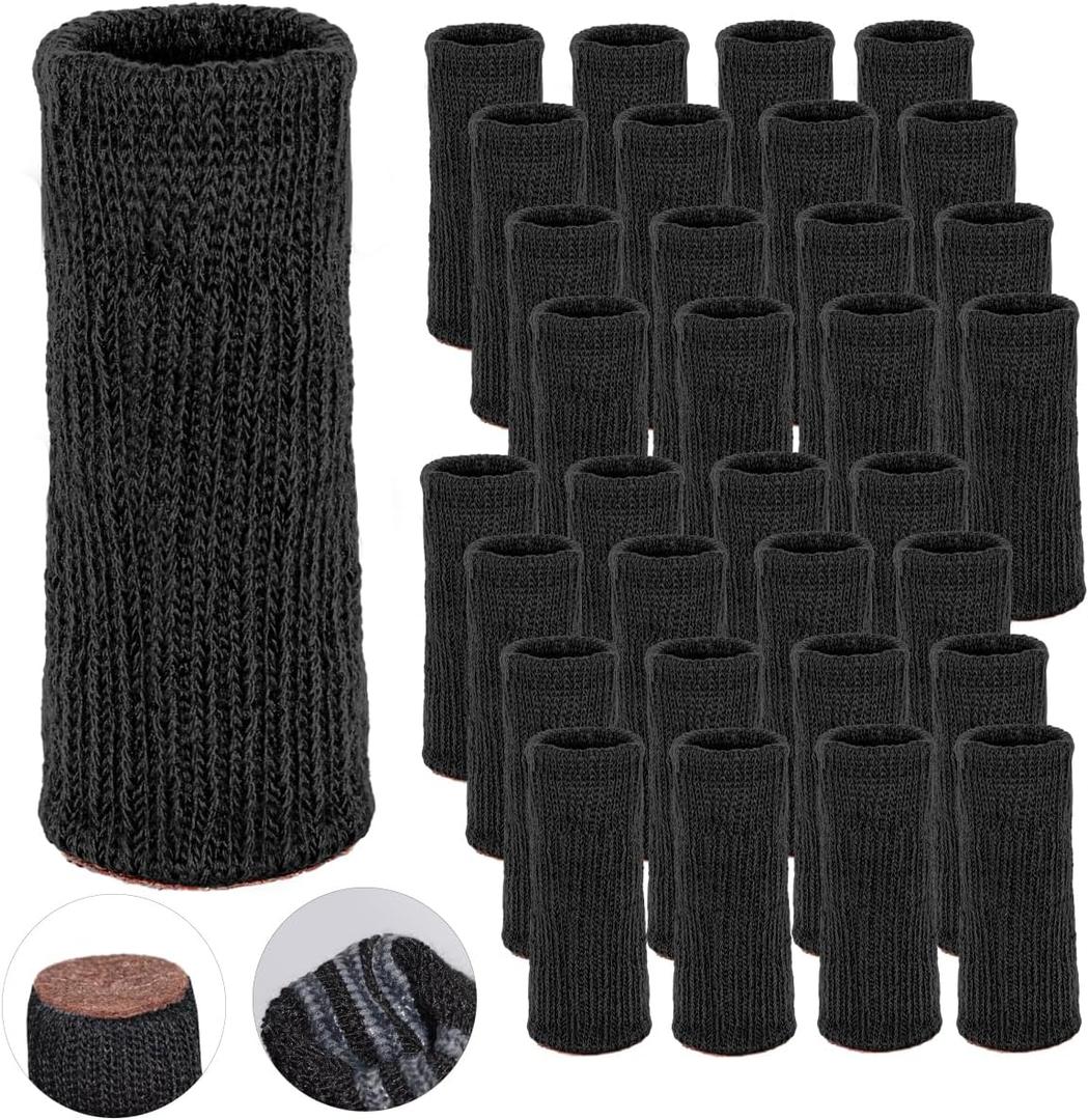 Morvat 32 Pcs Black Chair Leg Socks, Scratch & Noise Hardwood Floor Protectors with Non-Slip Grips, Knitted Furniture Cover Pads for Bar & Stool Legs, Fits All Shapes, Size Small