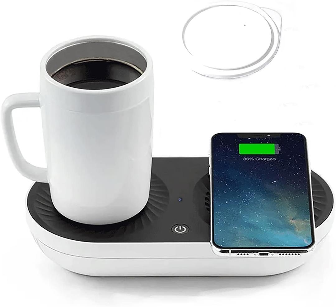 Coffee Mug Warmer, Drink Cooler with Wireless Charger, Smart Cup Warming, Beverage Cooling and Phone Charging 3 in 1 for Desk Office Gift (PT-502)