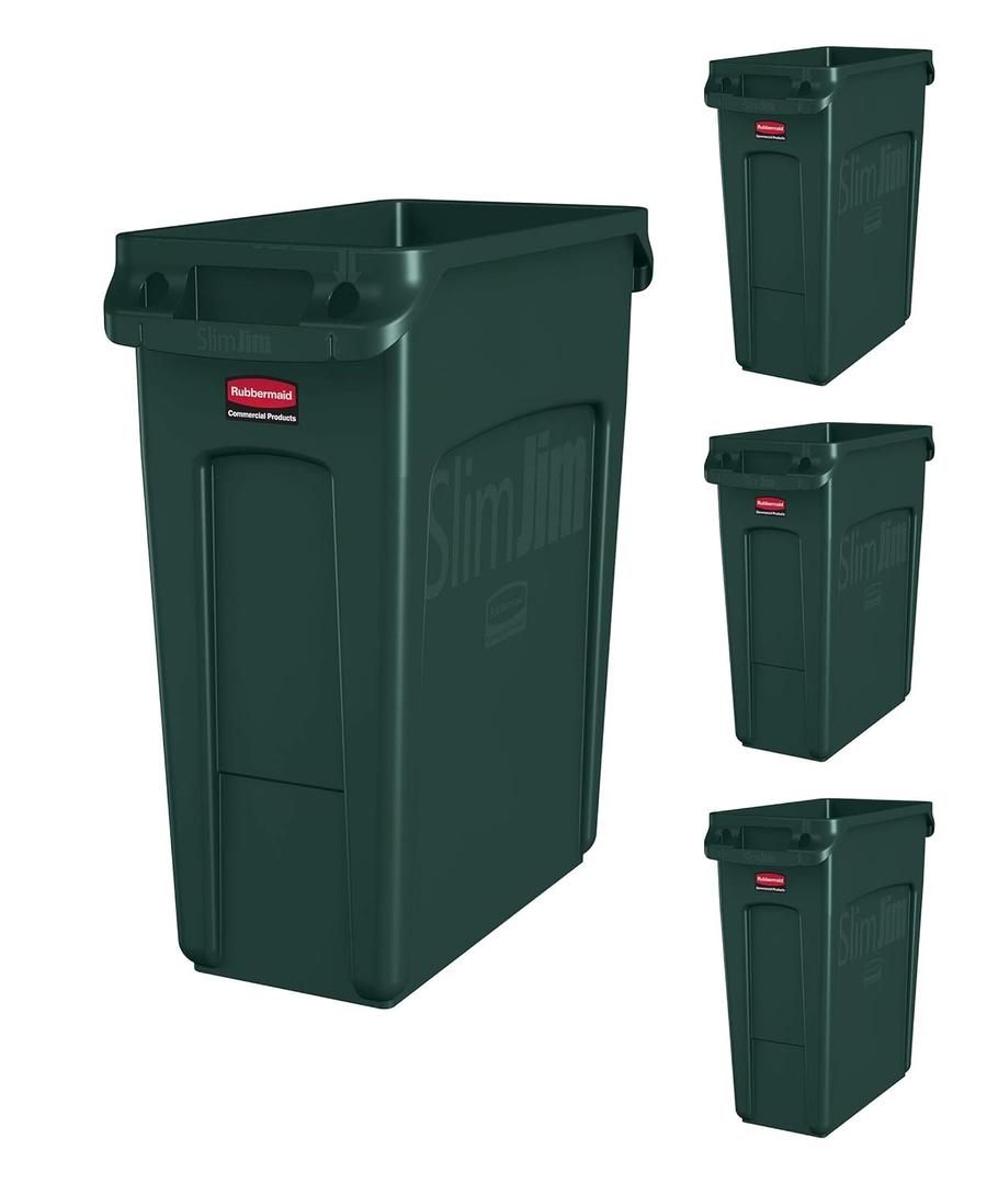 Rubbermaid Commercial Products Slim Jim Trash/Garbage Can with Venting Channels, 16-Gallon, Green, for Kitchen/Office/Workspace, Pack of 4