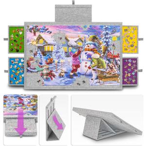 Tektalk Jigsaw Puzzle Table with Integrated Adjustable Stand/Bracket, 3-Tilting-Angle Super Lightweight Felt Puzzle Plateau Board with Cover & 4 Sorting Drawers (Light Gray, for Up to 1000 Pieces)