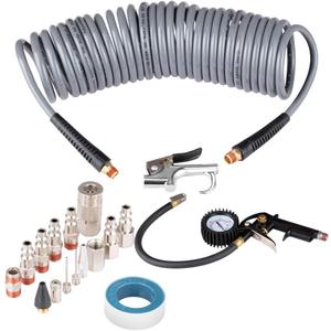 RayMagic 18 Pieces Air Compressor Accessories kit, 1/4 inch x 25 ft Recoil Poly Air Compressor Hose Kit, 1/4" NPT Quick Connect Air Fittings, 150 PSI Tire Inflator Gauge, Heavy Duty Blow Gun, Gray