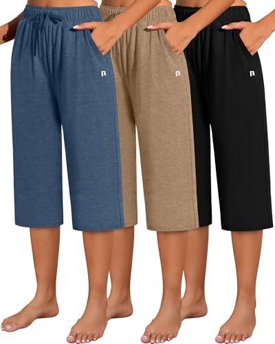 Neer Pack of 3 Women's Capri Pants, Cotton Wide Leg Basic Sweatpants Lounge Loose Fit Casual Drawstring Yoga Capris with Pockets (L, Mocha, Navy Blue, Gray)