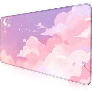 Cute Anime Cloud Desk Mat, Beautiful Pink Stitching Edge Non Slip Rubber Mouse Pad, Suitable for Female and Girl Office Decoration 35.4 x 15.7 x 0.12 Inches