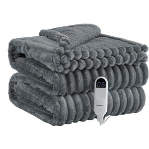 Bedsure Electric Blanket Full Size - Thick Striped Flannel Heated Blanket with 6 Heat Settings, Heating with 10 Time Settings, 8-Hour Timer Auto Shut Off, Gift for Grandma (72x84 inches, Grey)