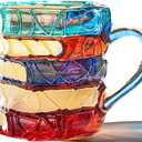 Handmade Painted Book Coffee Mug, 7 oz Glass Cup, Stacked Books Design with Colored Handle, Gift for Readers and Book Lovers (Transparent Handle#A, Small) (14 Ounces)