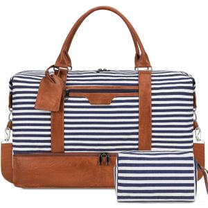 Oeihuivt Weekender Bags for Women - 21 Inch Large Travel Duffel Bag 2-Piece Set with Shoe Compartment, Heavy-Duty Canvas Leather Carry On Overnight Tote (Brown-Deep blue stripes)