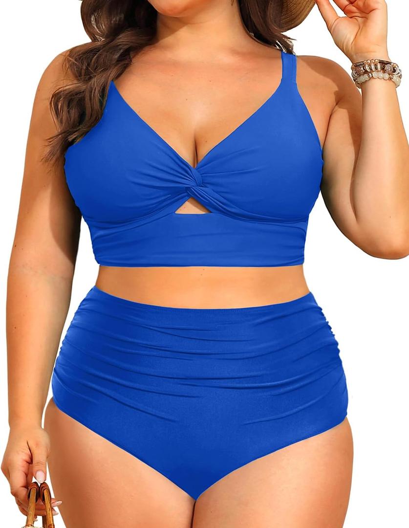Daci Plus Size Two Piece Swimsuits - Women High Waisted Bikini Tummy Control Bathing Suits Knot Twist Swimwear 2025 Blue 22 Plus