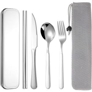 316 Stainless Steel Travel Utensils Set with Case - Food Grade Reusable Cutlery for Work, Camping, Picnic, Lunch Box - Include Fork, Knife, Spoon, Chopsticks