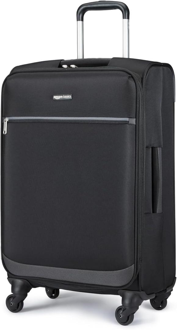 Amazon Basics Luggage, 23" Medium Checked Softside Suitcase With Wheels, With Four 360-Degree Multi-directional Spinner Wheels, Expandable Space, Zippered Pocket and Straps, Telescopic Handle, Black