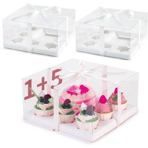 JCD 9 Packs Cake Cupcakes Combo Box 1+5 Cupcake Containers with Gift Ribbon Bento Clear Boxes (5 Cupcakes with a mini Cake) (1+5/9Pcs)