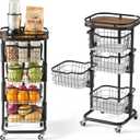4 Tier Kitchen Fruit Vegetable Storage Cart with One-Piece Rotating Basket, Pantry Organizer Shelf Rack Floor Stand for Veggie Onion Potato Produce Spice, Rolling Snack Cart on Wheels, Black