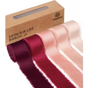 Vitalizart Silk Like Satin Ribbon 1 inch x 25 Yard Red & Pink Handmade Frayed Ribbons for Gift Wrapping Baby Shower Wedding Bridal Bouquets Holiday Decor