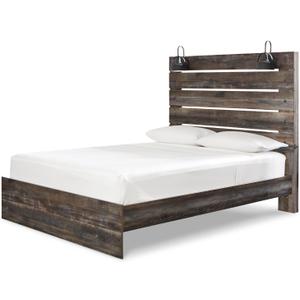 Signature Design by Ashley Drystan Rustic Queen Panel Bed, Sconce LED Lights, USB Ports and Nailheads, Foundation or Box Spring Needed, Dark Brown & Gray