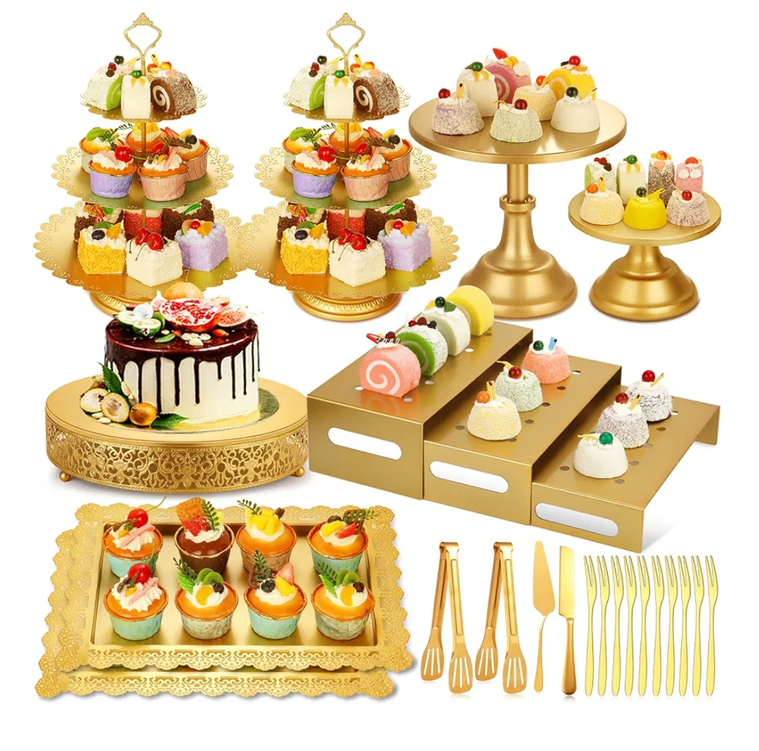Audab Metal Gold Dessert Table Display Set Including Cake Stands, Cupcake Tower Stand, Dessert Tray, Risers Stands, Cake Cutting Set and Serving Tongs for Wedding, Birthday Party Decor