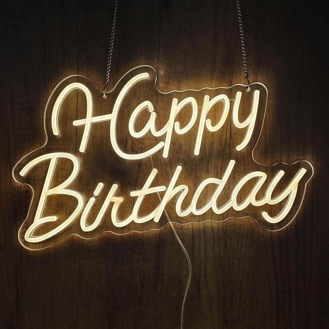 Happy Birthday Neon Sign for Wall Decor,Led Happy Birthday Neon Light Sign,USB Powered Dimmable Light Up Sign for Birthday Party Backdrop Decoration, Warm White, 16.5x9.8 inch
