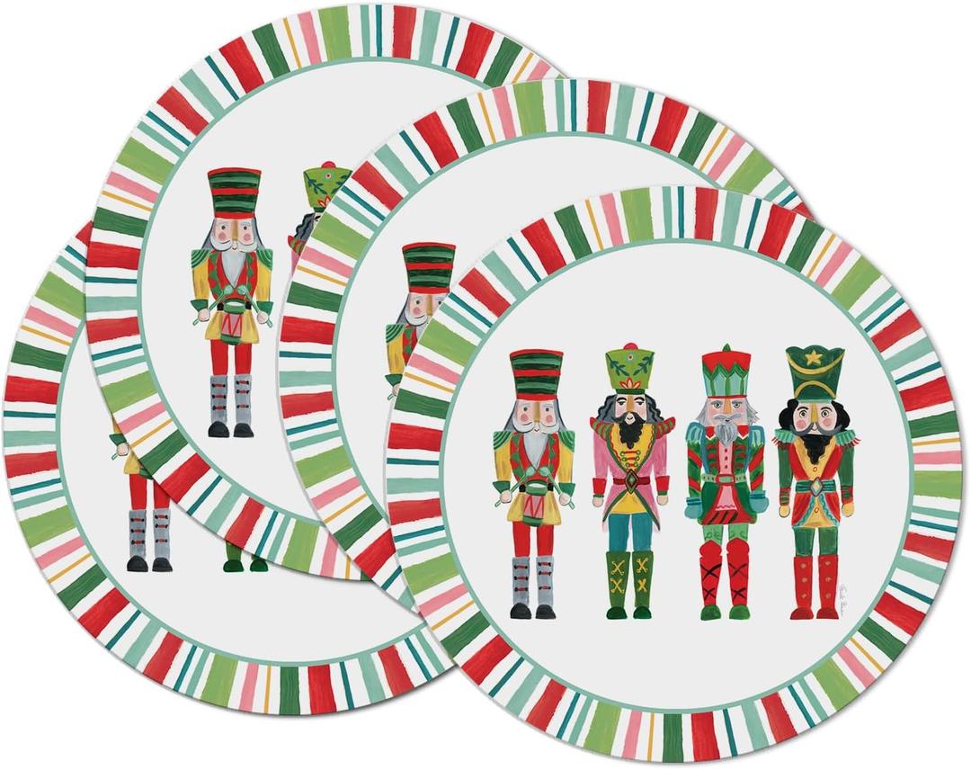 CounterArt Holiday Nutcracker 4 Pack Round Reversible Easy Care Flexible Plastic Placemats Made in The USA Reversible Flexible Easily Wipes Clean