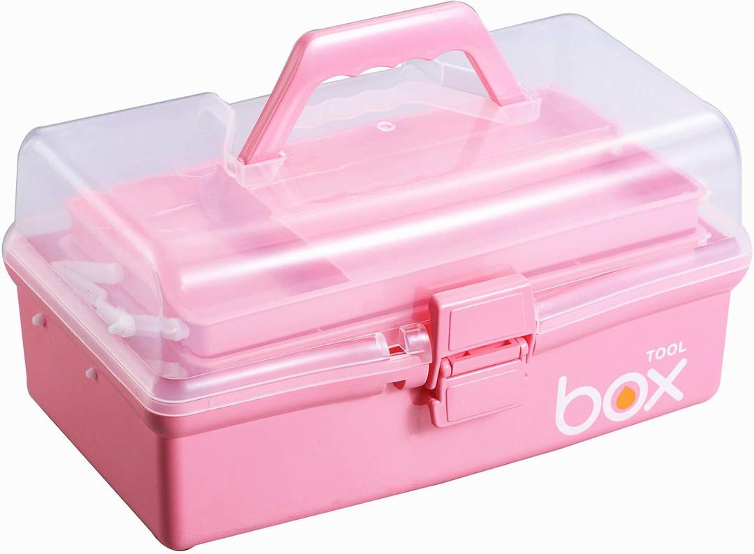 Kinsorcai 12'' Three-Layer Clear Plastic Storage Box with Handle, Craft Tool Box, 3 Layer Pink Tackle Box for Women, Organizer Box for Sewing Art and Cosmetic (Pink) (1PCS)
