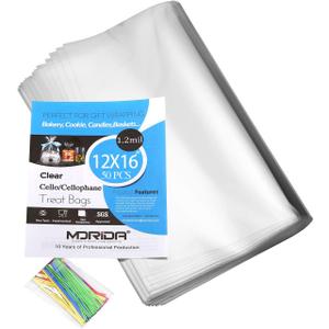 50 Pcs 12x16 inch Cello Cellophane Treat Bags Clear Flat for Gift Wrapping, Bakery, Cookie, Candies, Dessert, Baskets Packaging with Color Twist Ties