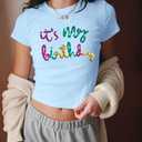 Birthday Shirts for Women Glitter Its My Birthday Shirt Sequin Birthday Party Crop Tops Cute Y2k Baby Tee (Blue, XL)