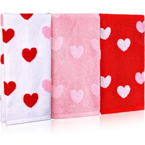 3 Pcs Valentine's Day Heart Hand Towels for Bathroom Red Pink White 3D Embroidered Farmhouse Absorbent Hand Towels 100% Cotton Bathroom Decor for Kitchen, 29.5 x 13.7 Inch