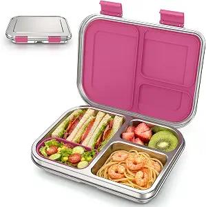 BABHAMNESS Stainless Steel Bento Box Kids, 3 Compartments Leak Proof Metal Bento Lunch Box, 304 Stainless Steel Bento Lunch Containers for School and Office,Dishwasher Safe, BPA-Free-Pink