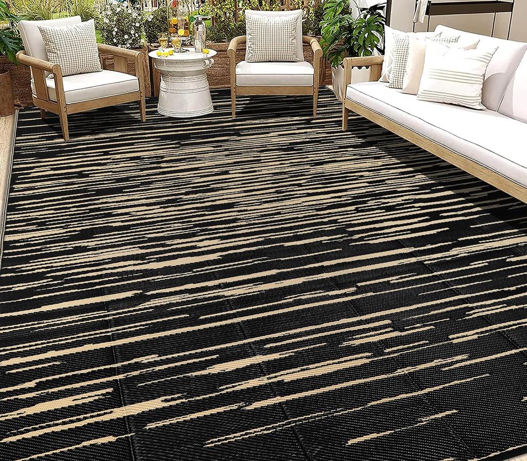 HEBE Outdoor Rug 9'x12' for Patios Clearance Waterproof Patio Mat Plastic Straw Rug Reversible RV Camping Tent Rug Outside Indoor Outdoor Area Rugs for RV,Deck,Beach,Balcony,Camper (Stripe/Black)