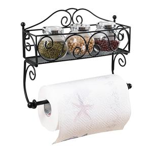 Adhesive Paper Towel Holder with Shelf, Wall Mount, 12in Black for Kitchen, Hand Towel Holder for Bathroom with Shelf