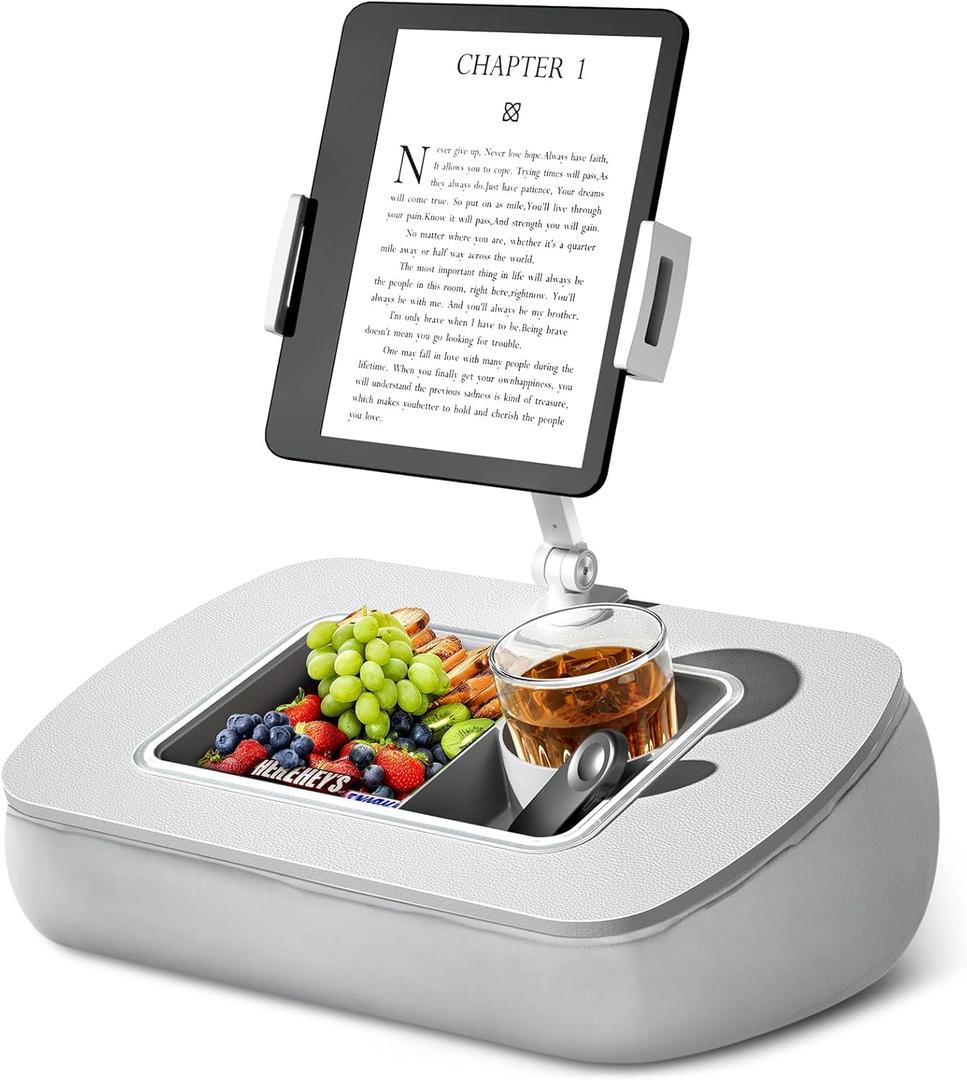 Tablet Stand Pillow with Snack Bowl, iPad Lap Holder for Hands-Free Reading and Relaxation on Bed, Couch, Recliner, 360 Rotating Clip for 4.7-13" Kindle, eBook, Tablet, iPhone (Light Gray)