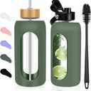 FULBEVY Glass Water Bottles 64 oz - Half Gallon Large Motivational Daily Water Intake Bottle Time Marker - Glass Water Bottle With Straw, Silicone Sleeve 2 Lids, Handle Spout & Bamboo Lid(Olive)