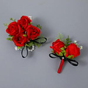 Yunlly 2 Pcs Boutonniere Wrist Corsage Set Artificial Rose Wine Red Corsage Wristband Boutonniere Flower Decor Wrist Corsage for Men Women Bride Bridesmaids Wedding Accessories Prom Suit Decor