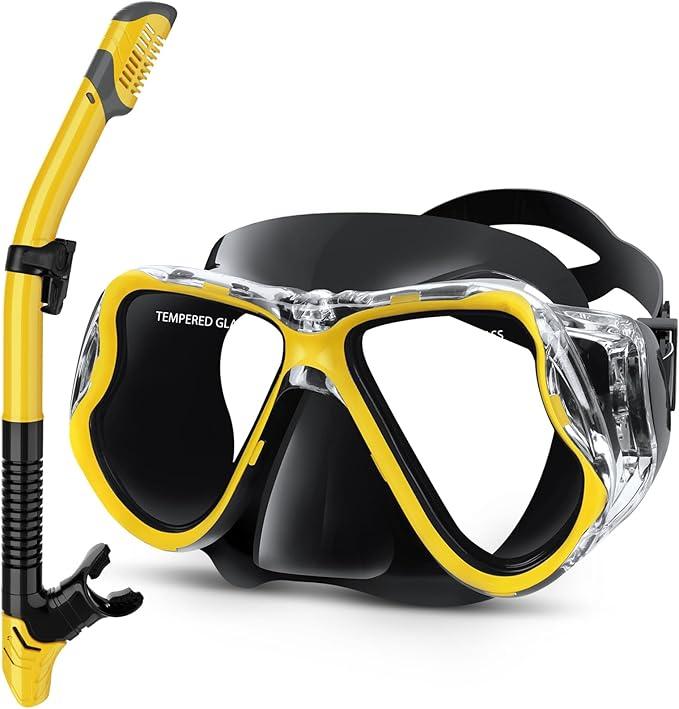 Greatever Dry Snorkel Set,Panoramic Wide View,Anti-Fog Scuba Diving Mask,Professional Snorkeling Gear (Adults, Black)