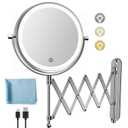Rechargeable Wall Mounted Makeup Mirror - 8 Inch Double Sided 1X/10X Magnifying Mirror with 3 Color Lights Dimmable Touch Screen, 360Swivel 19.6 Inch Extendable Accordion Bathroom Mirror - Chrome